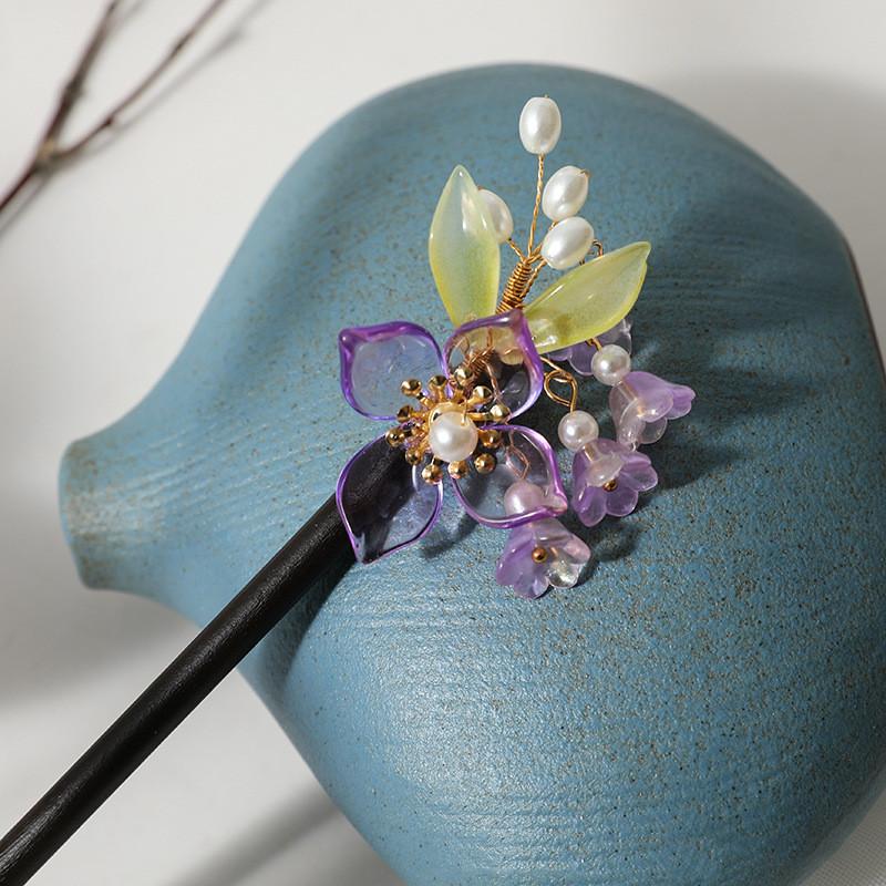 Purple Flower Hair Combs Chinese Hairpins Clips Tassel Pendant Jewelry Women Hanfu Dress Cosplay Pearl Butterfly Headpieces