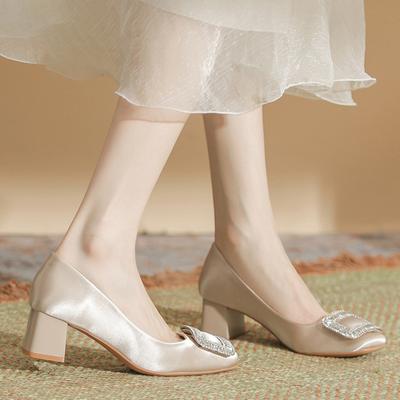 Beautiful with Skirt and Outer Wear Guangzhou Thick Heel High Heels Women's Sheepskin Pad Square Head Solid Color Satin Women's Shoes Spring