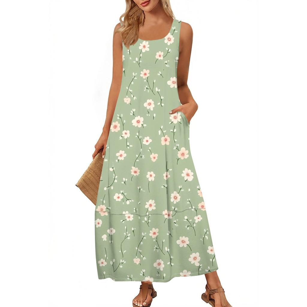 Women's Casual Floor-length Sundress Summer Beach Dress Round Neck Sleeveless Loose  Print Sundress