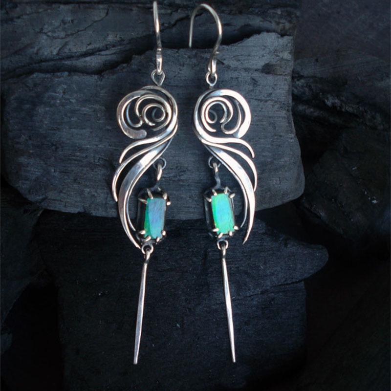 Blue-Green Square Zircon Geometric Metal Earrings - Handmade and Hollow Design