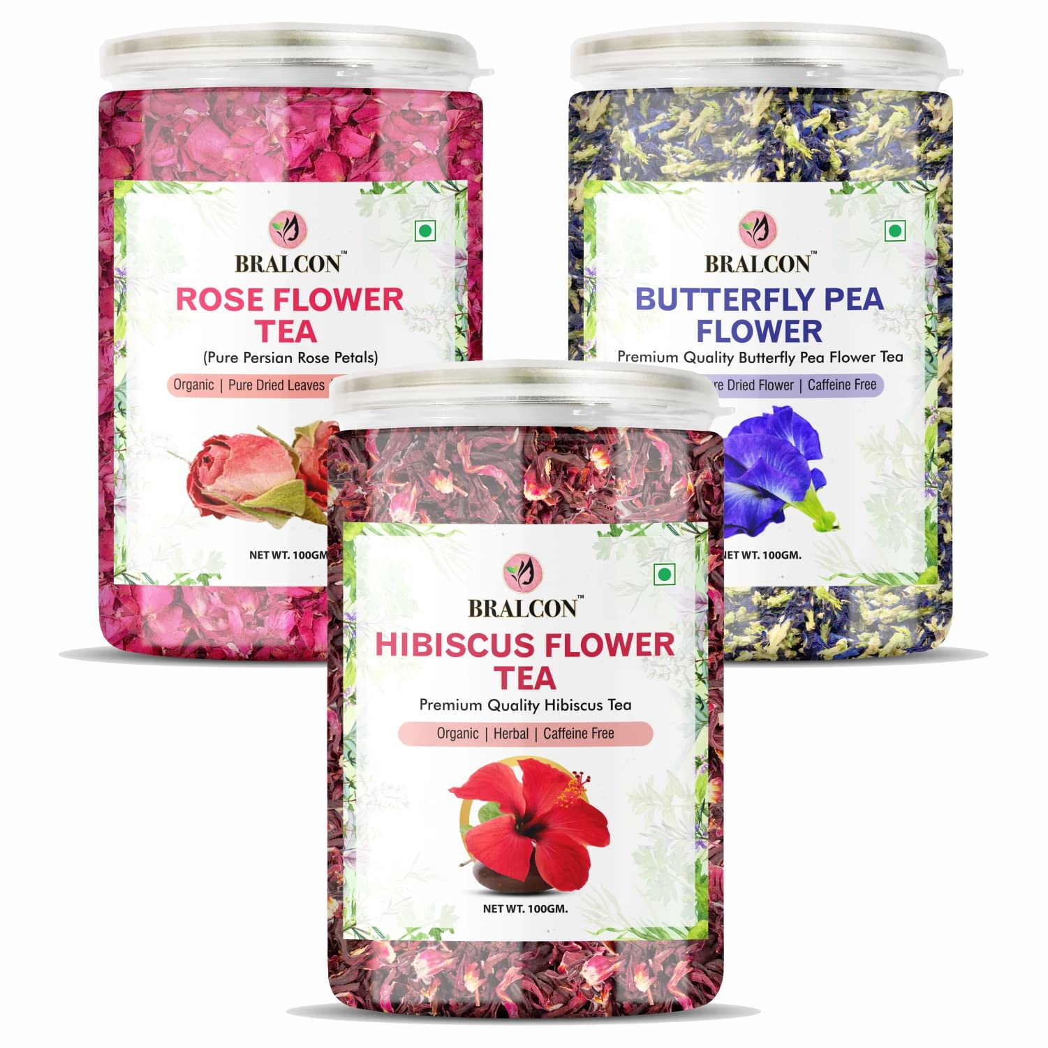 BRALCON Herbal Tea Combo Pack (300g) | 100g x 3 Packs | Hibiscus, Butterfly Pea & Rose Flower Infusion | Caffeine-Free Natural Dried Petals for B