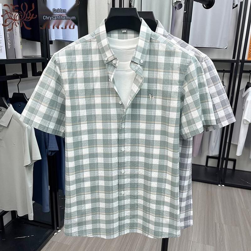 Jinjuan Men s 100% Cotton Embroidered Plaid Short-Sleeve Shirt XL