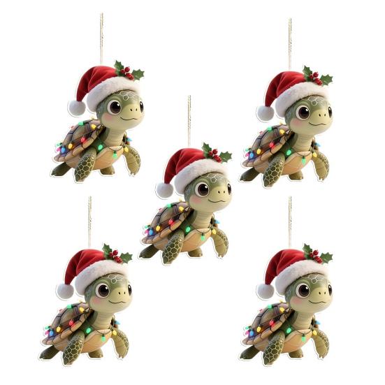 Turtle Shape Christmas Ornament with Santa Hat 2D Acrylic Xmas Tree Decor for Indoor