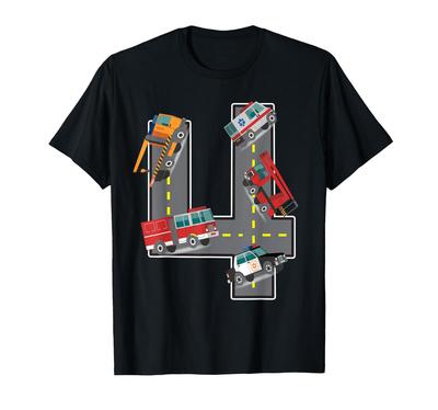 4 Years Old 4th Birthday Fire Engine Ambulance Police Car T-Shirt