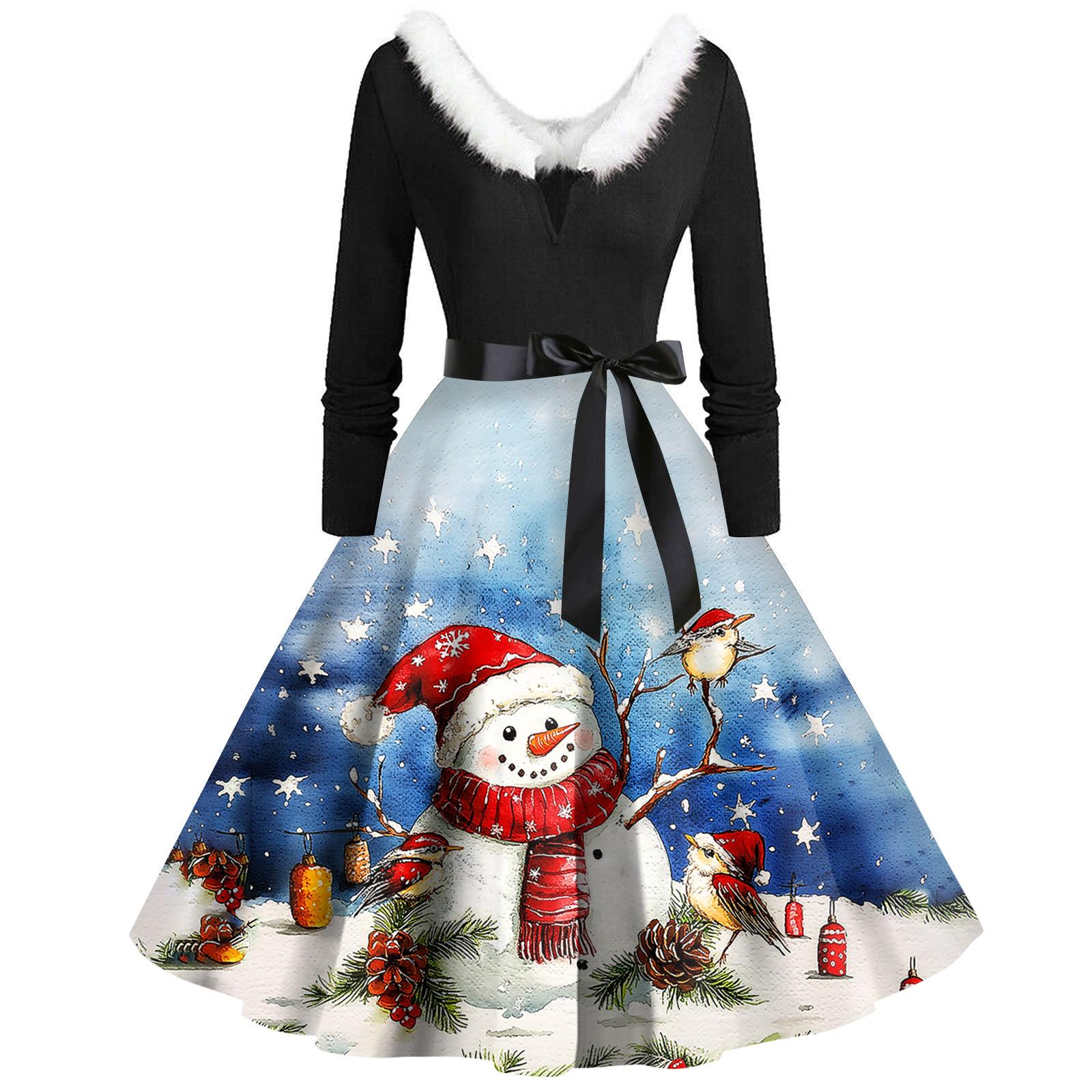 

Рождественский принт расклешенное платье для женщин платье с длинным рукавом полые вечерние повседневные платья XXXL