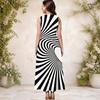 Women Plus Size Round Neck Sleeveless Black White Striped Printed A Line Long Dress With Pockets