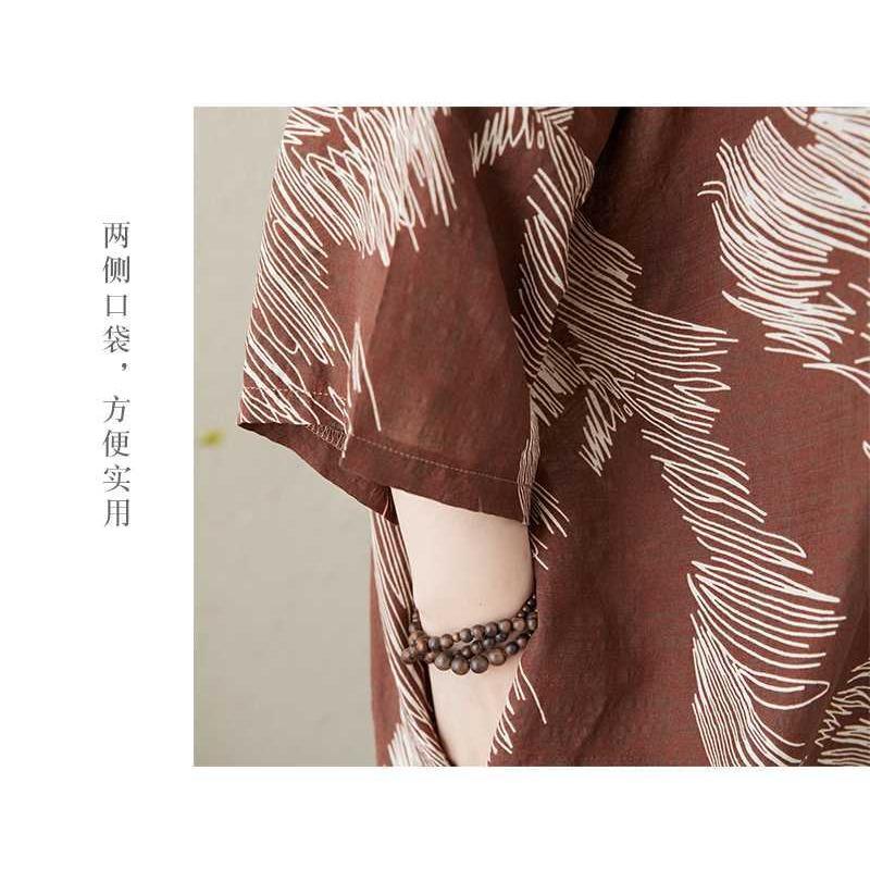 Temperament Literary Vintage Printed Stand Collar Loose Oversized Vacation Dresses