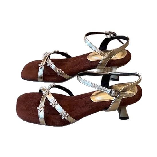 Soft leather version~ French rhinestone flower word with square head sandals femininity versatile casual skirt high heels summer