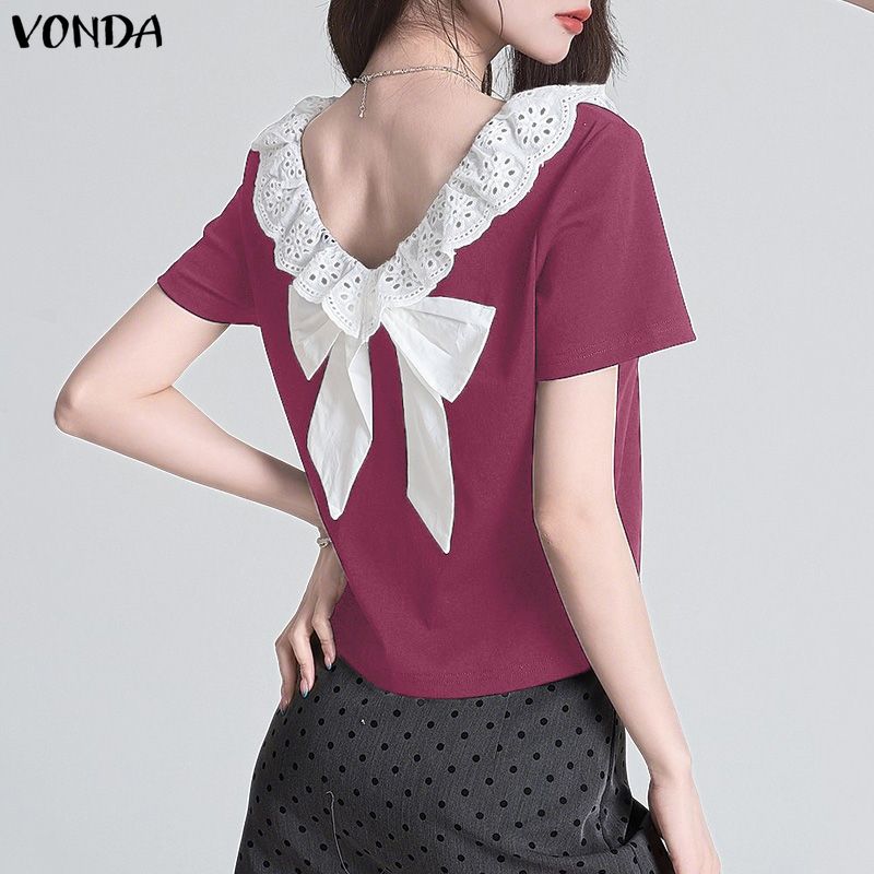 VONDA Women Short Sleeve Lace Crochet Back Bow Patchwork Casual Cropped Blouse