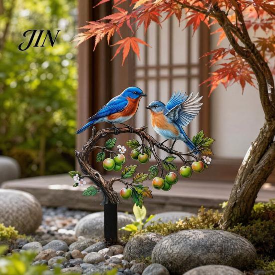 Vibrant Bird Ornament for Lawn Ground Stake, And Fruit Tree Shape, Waterproof Coating Thickened Realistic Painted Yard Decor Iron Outdoor Flower