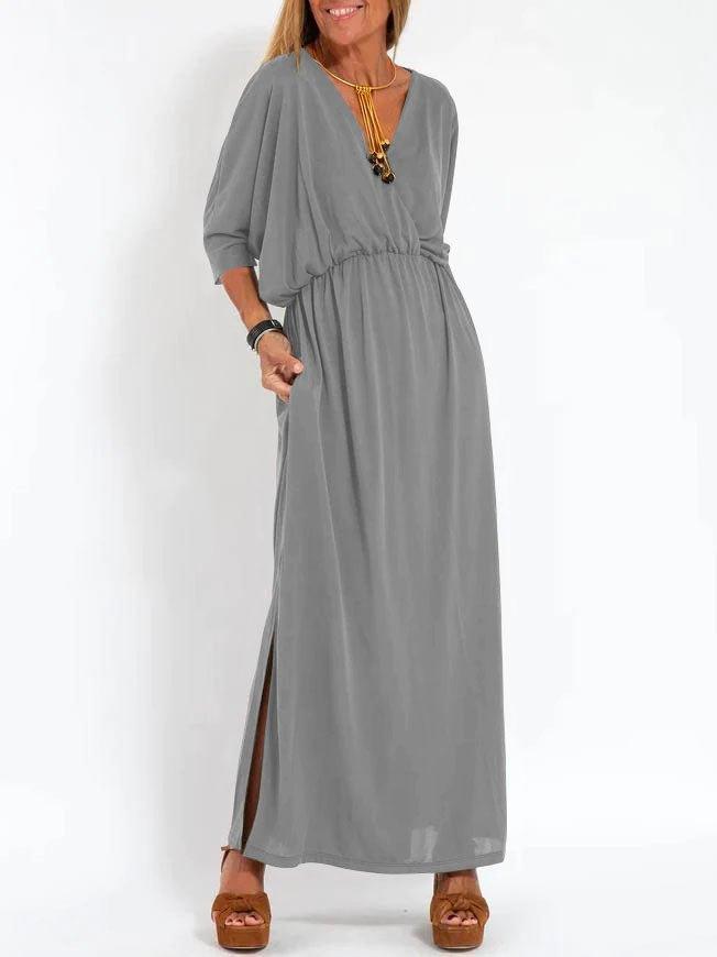 European And American Style Summer New Products, Fashionable Solid Color High-Waisted Split V-Neck Dress