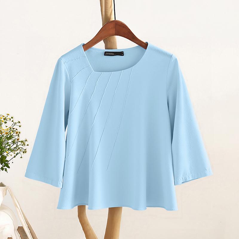 

ZANZEA Женская повседневная блузка с неровным V-образным вырезом, однотонная, свободного кроя, с рукавами 3/4 4XL синий