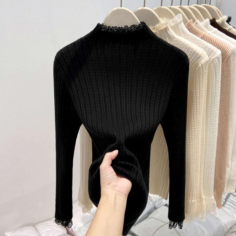 Spring Lace Splicing Semi-turtleneck Knitted Sweater Women's Design Sense Slim Fit Bottoming Shirt Sweet Wind Sweater
