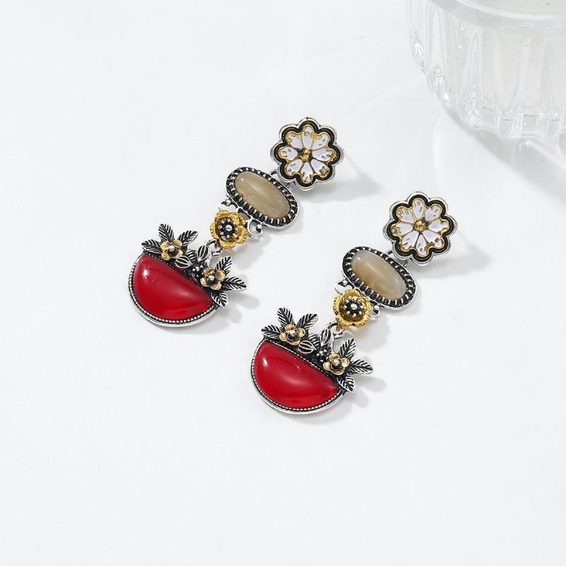 Layered Floral Drop Earrings Women Gold Bohemian Style Zinc Alloy Stainless Steel Studs