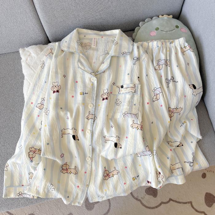 Moon Bear Cartoon Fashion Women's Pajamas Korean Style Casual Soft 2 PC Set Pajamas Autumn Long Sleepwear Lapel Neck New 2025