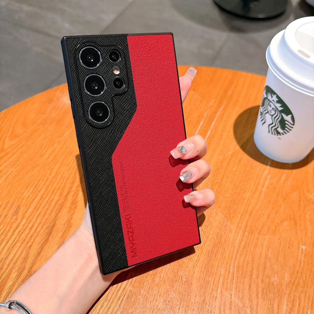 Suitable for Samsung S25ultra Leather Matte Mobile Phone S23plus Color Blocking Lambskin Simple S24 Contrasting Color Case