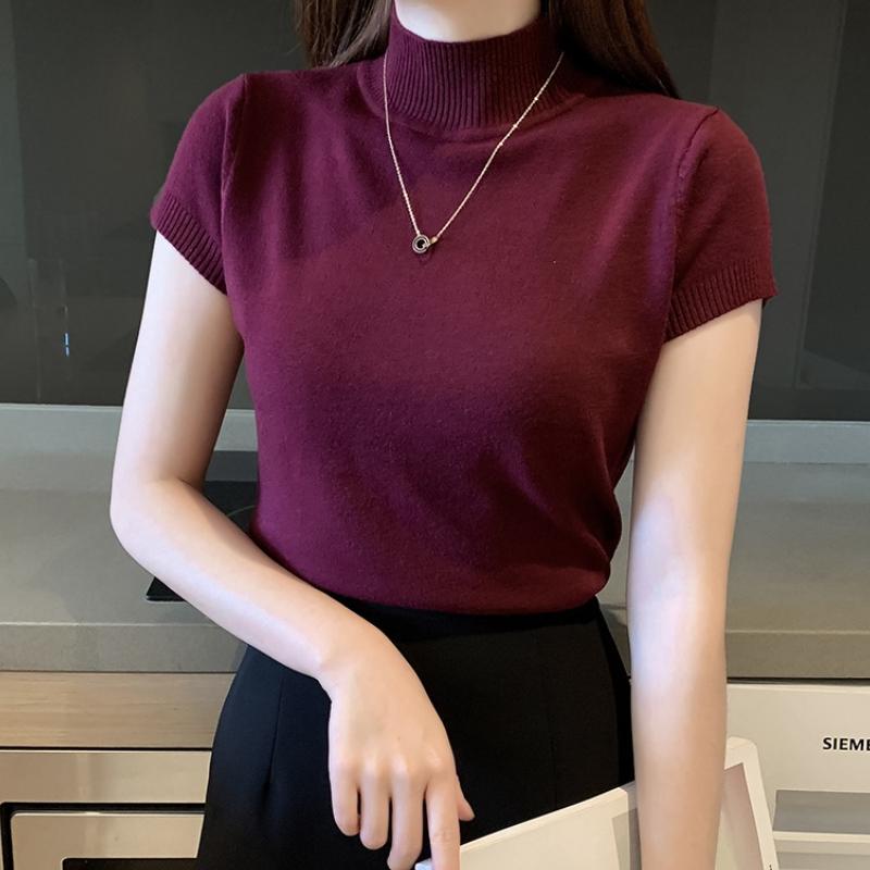 Halbhohes T-Shirt Damenmode Pullover Lässige Oberteile Koreanischer Stil Elegante Unifarbene Kleidung Frühjahrs- und Sommersaison