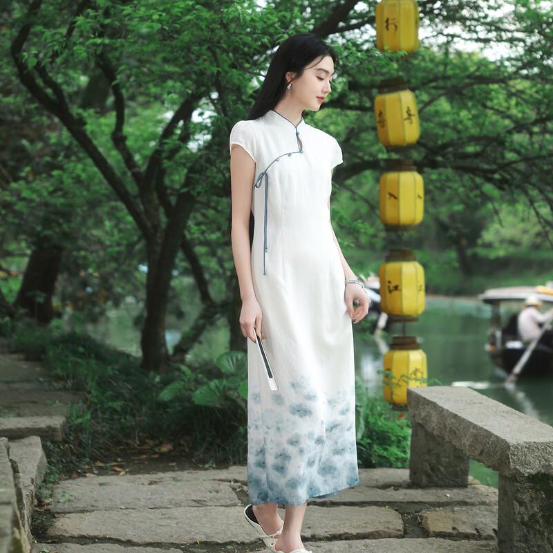 Sancai New Chinese Style Printed Slit Maxi Dress