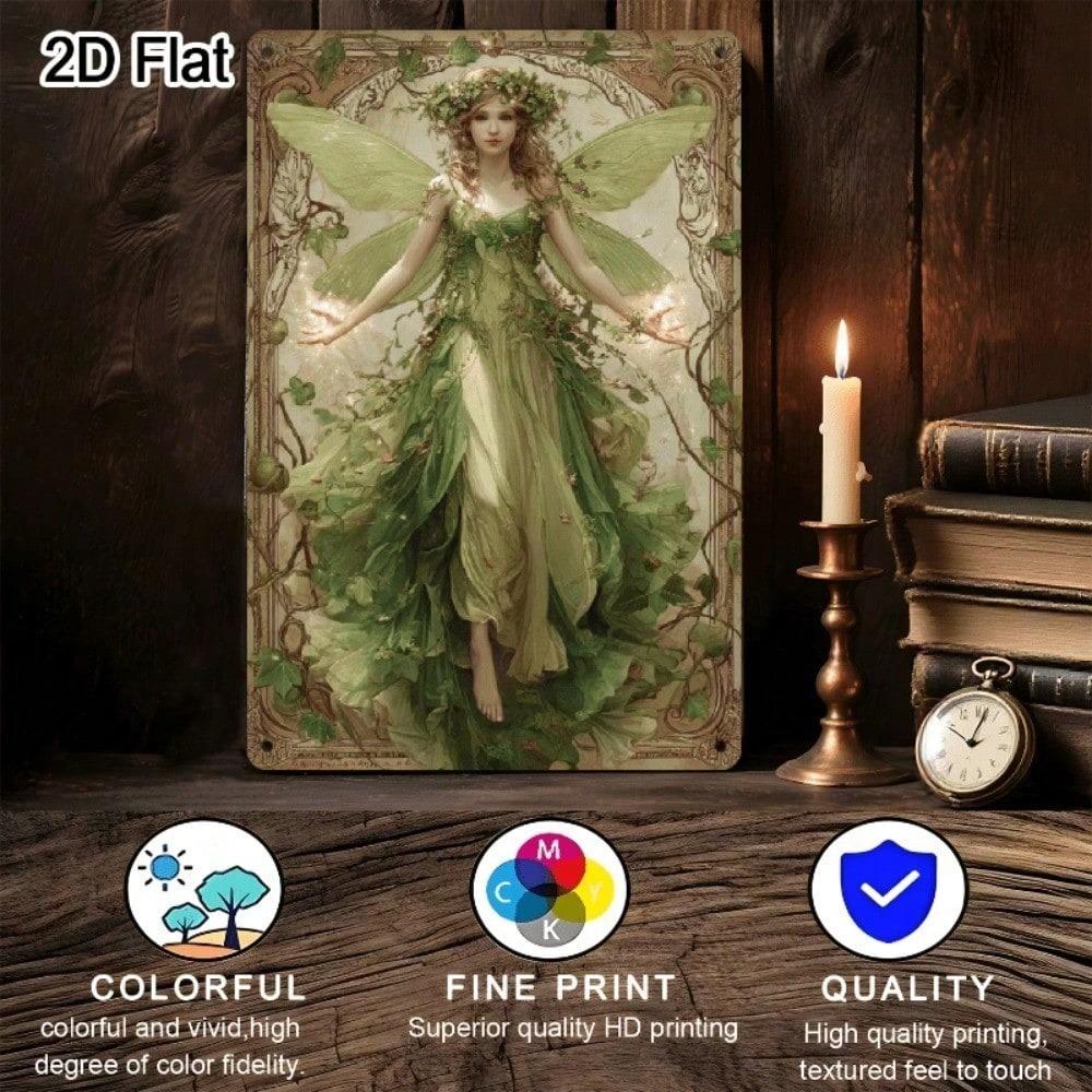 Enchanted Forest Fairy Metal Wall Art, 8x12 Inch Vintage Green Fairy With Floral Dress & Leaf Wand, Rustic Iron Fantasy Bedroom