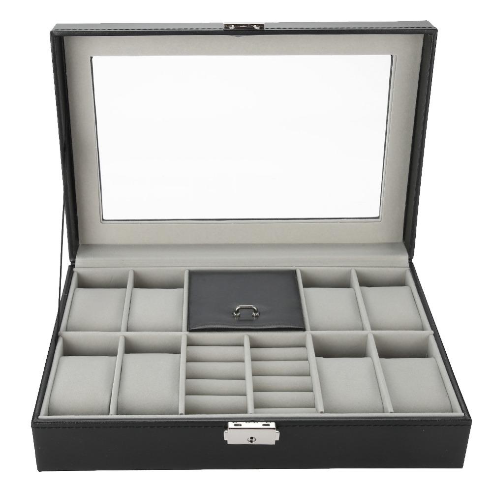 Secure Leather Watch Box Glass Window Key Lock Jewelry Box 8 Slots Gray Flannel Watch Case Personal Use