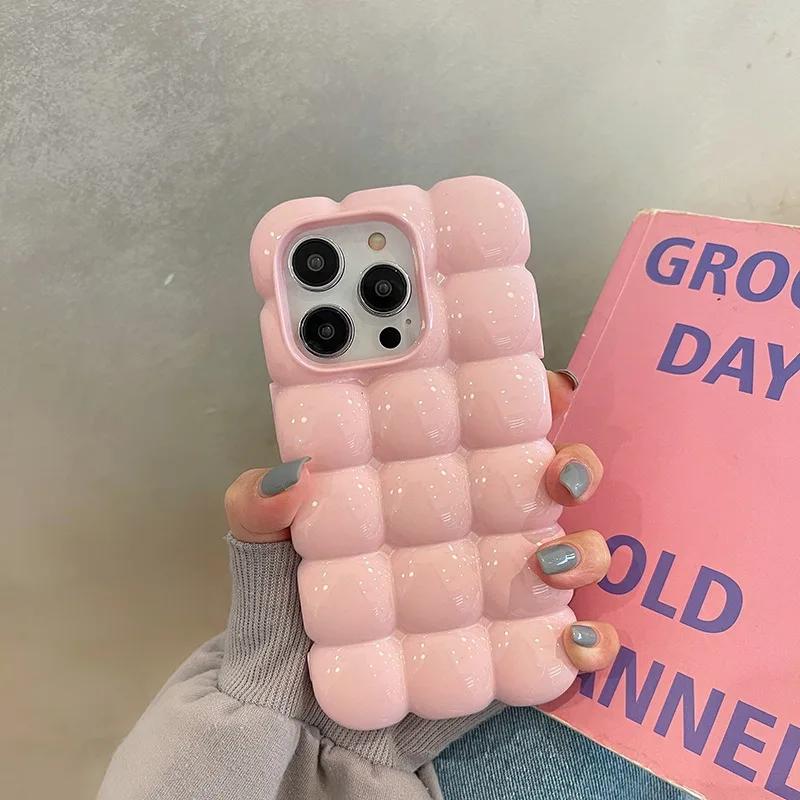 Cute Cartoon 3D Block Lattice Case for iPhone 15 14 13 16 Pro Max 12 11 Glossy Candy Solid Color Soft Silicone Shockproof Cover
