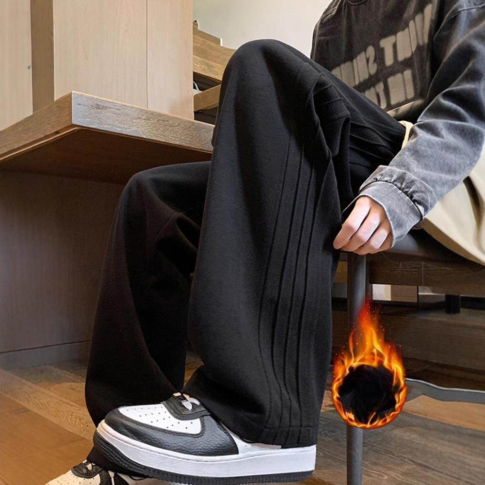 Men's Autumn Winter Fleece Lined Straight Leg Sweatpants Spring Autumn American Style Side Stripe Loose Sports Casual Pants