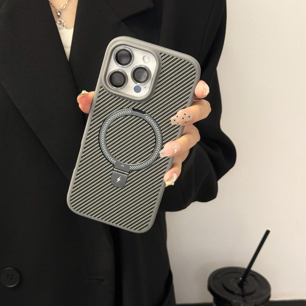 Applicable To Apple 17 Carbon Fiber Pattern Mobile Phone Case Creative Magnetic Charging Bracket iPhone16 Anti-drop 15 Protective Case