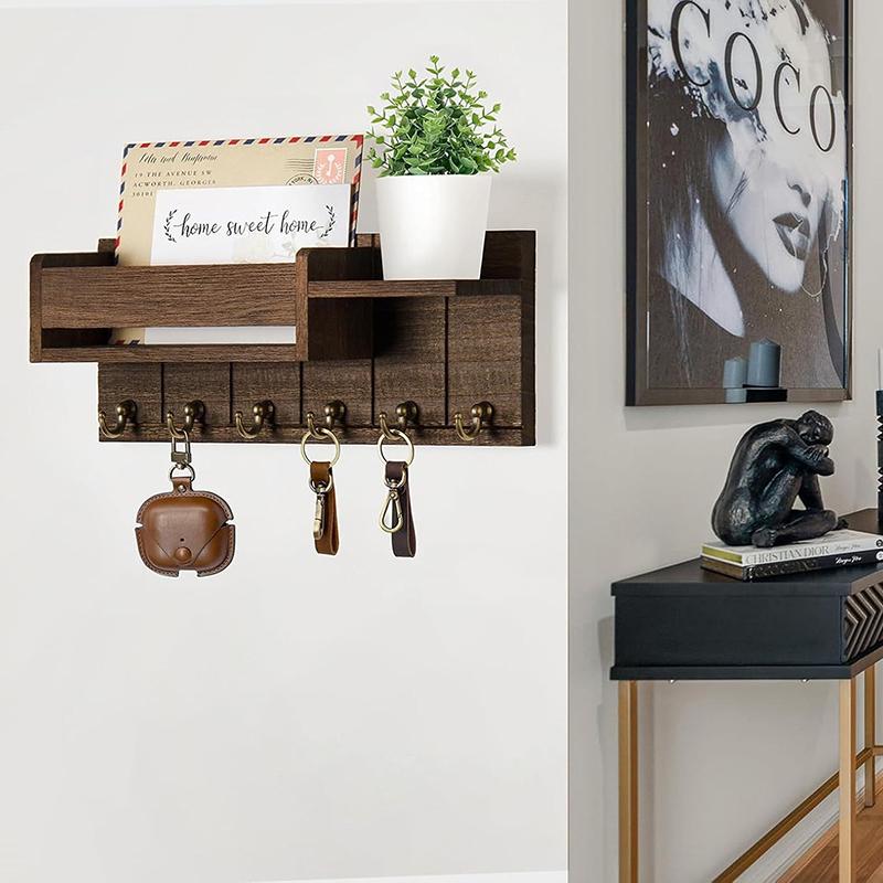 Wall-Mounted Key Rack With Hooks Wooden Storage Rack For Entryway Kitchen And Living Room