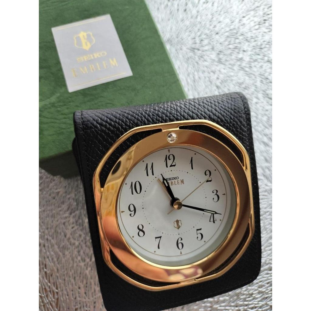 Used SEIKO Emblem AlaRM Travel Clock, Table Clock, Genuine Leather, Gold, With Beautiful Box, Operation ConfiRMed