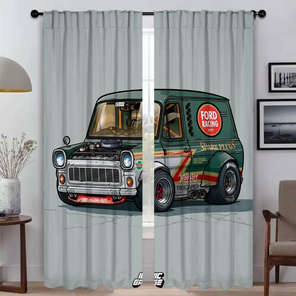 Retro Car Kitchen Curtains for Living Room Curtain Shades Partition Tulle for Bedroom Home Interior Curtains 2 Pieces Blackout