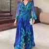 V-Neck Bubble Sleeve Gradient Print Maxi Dress with Waist Tie and Asymmetrical Hem