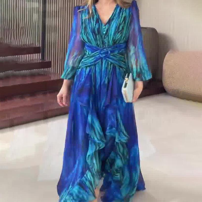 V-Neck Bubble Sleeve Gradient Print Maxi Dress with Waist Tie and Asymmetrical Hem