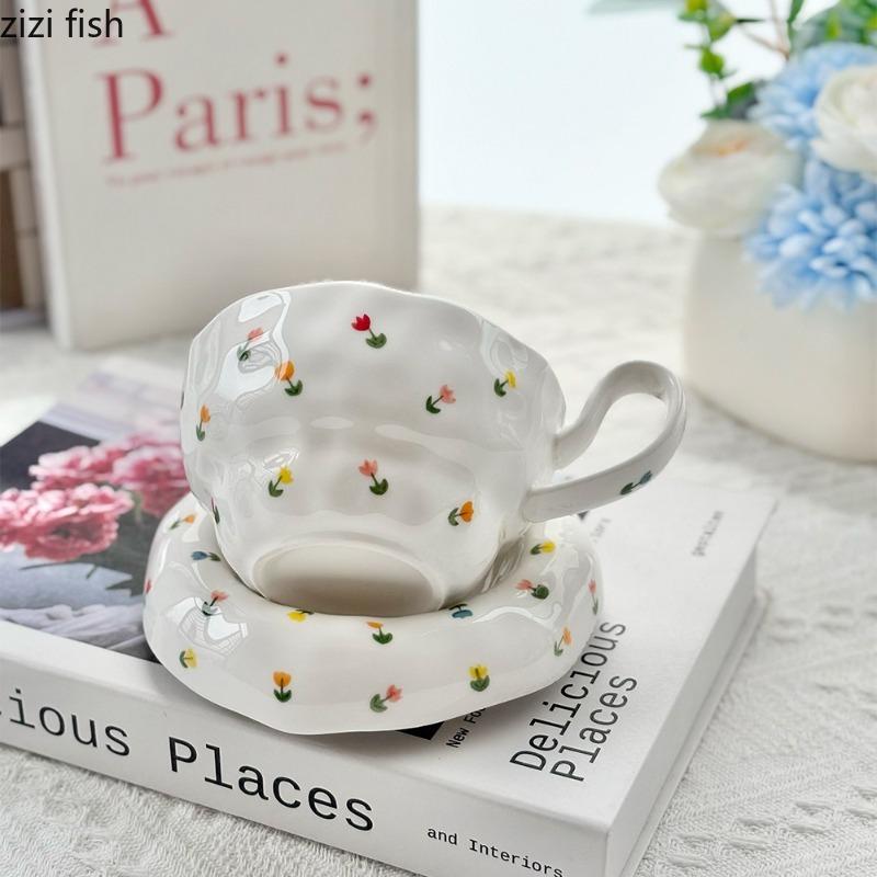 Irregular Ceramic Coffee Cups and Plates Flower Patterned Water Cup Afternoon Tea Mug Breakfast Cup Milk Mug Milk Tea Cups