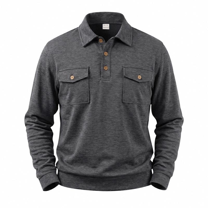 Camisa Polo de Manga Larga Holgada Retro Workwear con Cuello para Ocio al Aire Libre de Hombre de Primavera y Otoño