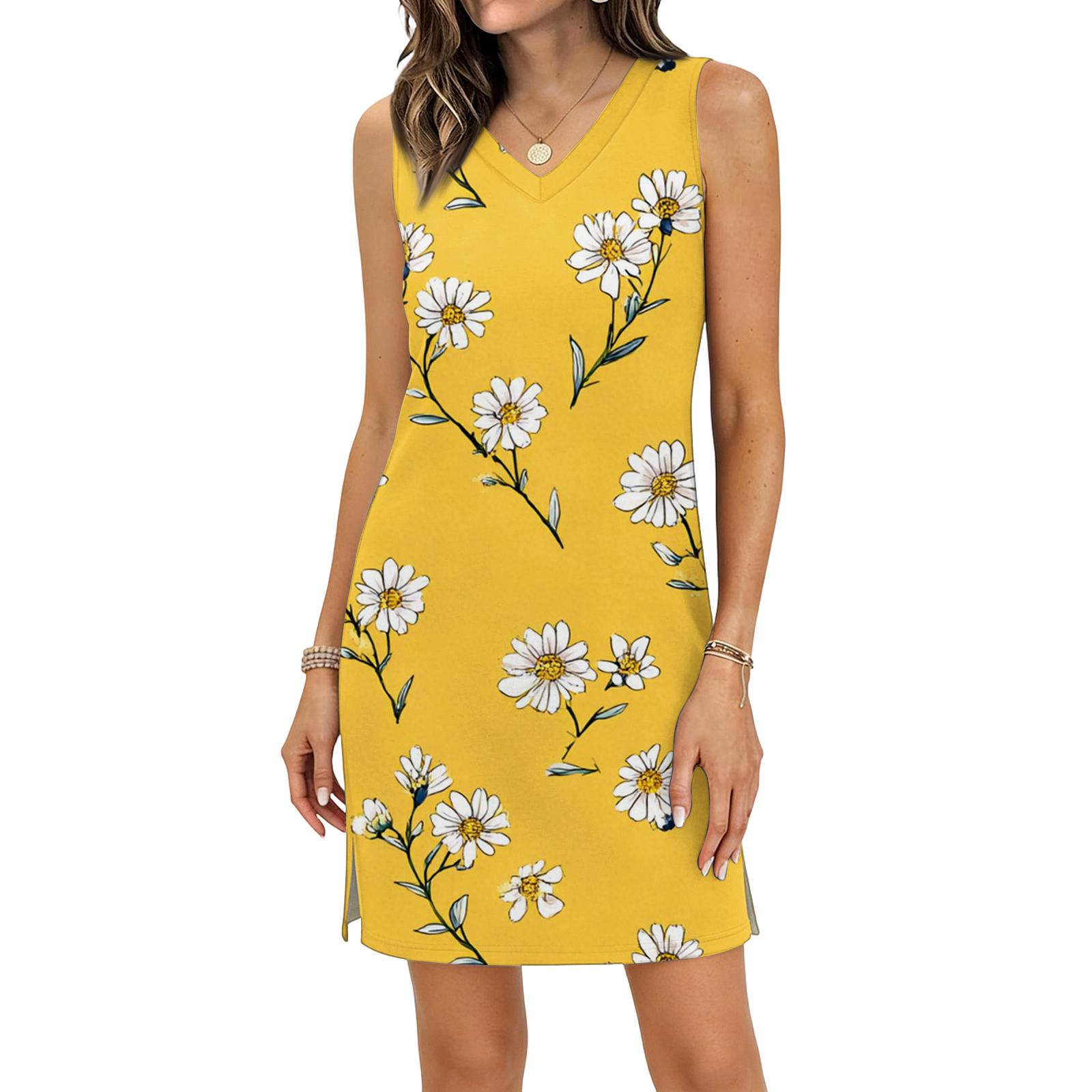 

Women s Casual V-neck Sleeveless Split Hem Floral Print Dress XL жовтий