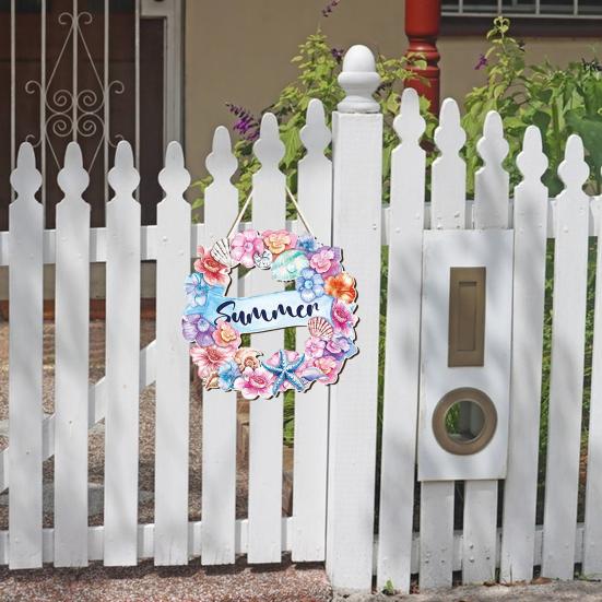 Summer Flower Shell Seastar Welcome Sign for Front Door Wooden Wall Hanging Sign Coastal Beach Round Wreath for Outside Porch Decor