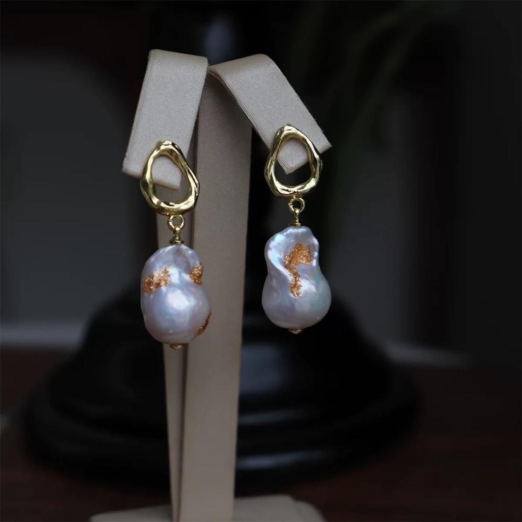 Trendy design simple retro court style hand foil freshwater baroque pearl 925 silver needle earrings stud earrings