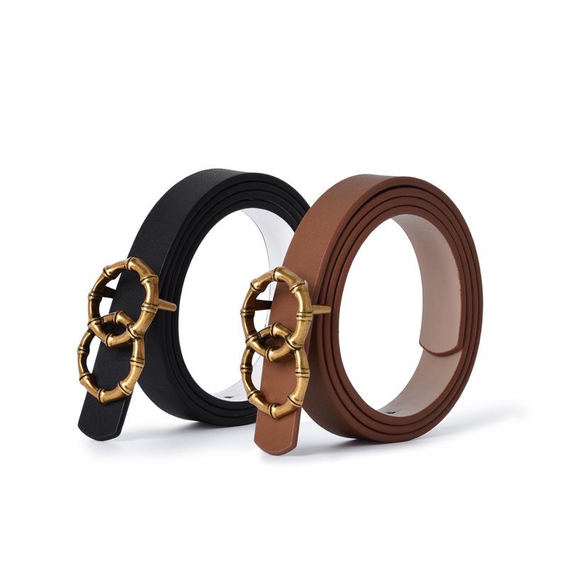 Women's Black Slimming Genuine Leather Belt with Bamboo Buckle