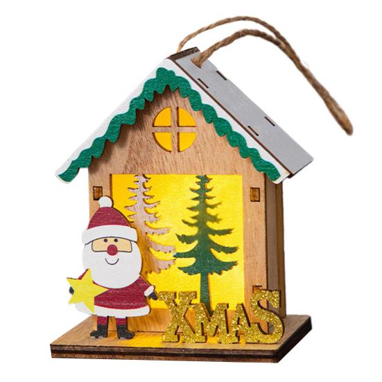 Yousheng Wooden Christmas Decor with LED Light 3D Carved Hanging Wood Star/Village House/Bell/Gift Box Ornament for Xmas Tree Decor