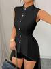 Women's Stand Collar Sleeveless High-Low Hem Shirt with Cinched Waist