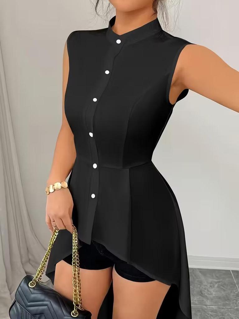 Women's Stand Collar Sleeveless High-Low Hem Shirt with Cinched Waist