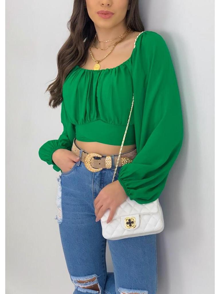 European & American Women's Off-the-Shoulder Lantern Sleeve Crop Top with Lace-Up Design