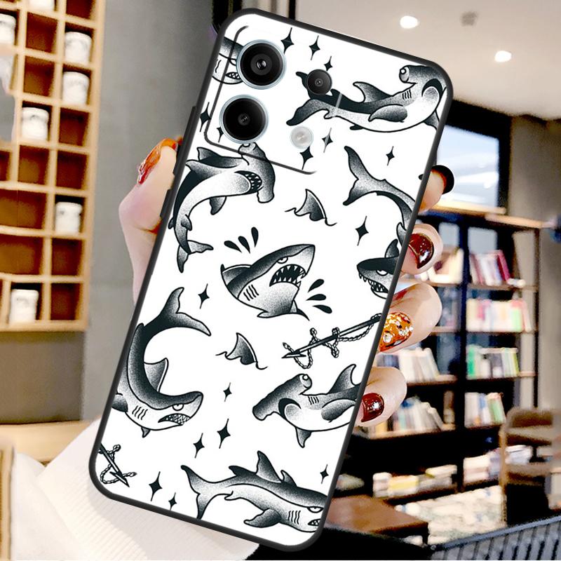 Cartoon Sharks For Xiaomi Redmi Note 14 Pro 13 12 11 9 10 15 Pro Plus Case For Redmi 15 15C 14C 10C 12C 13C
