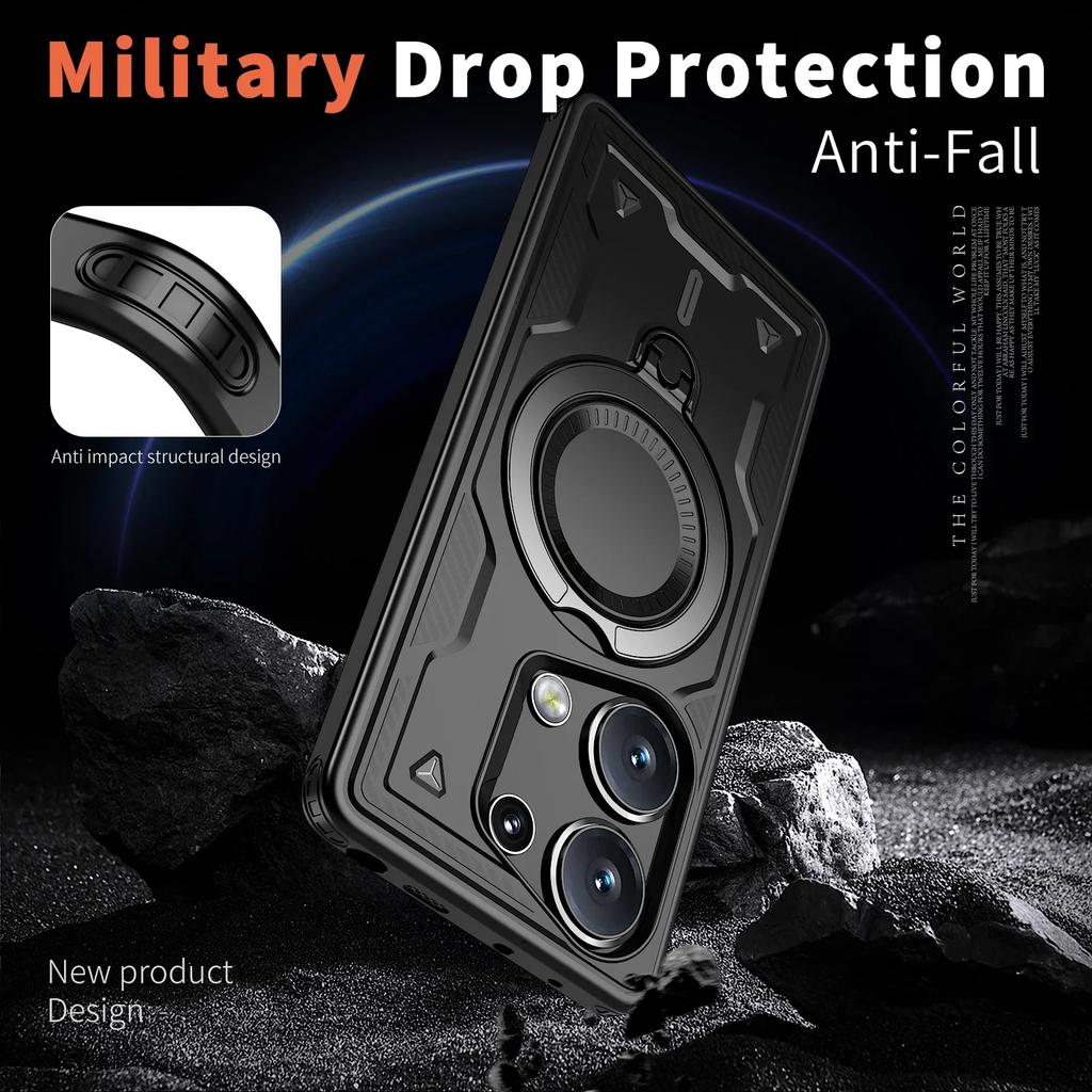 For Xiaomi Poco M6 Pro Redmi Note 13Pro 4G Case Military Armor Shockproof 360° Rotating Ring Stand TPU Plastic Phone Cover