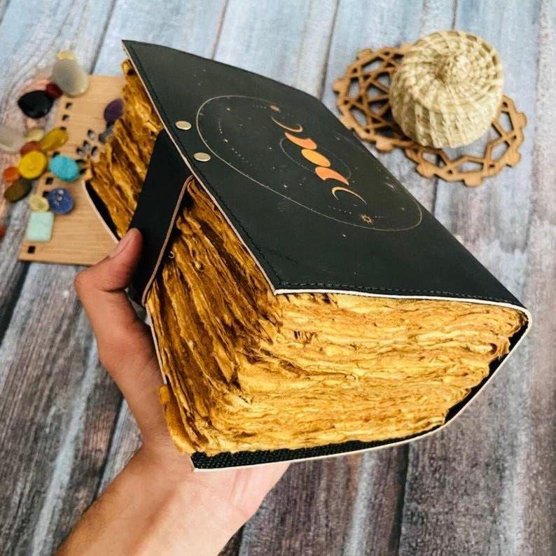 Leather Grimoire Journal - Moon Phases Print, Blank Spell Book, Book of Shadows, Unique Leather Gifts for Him