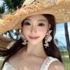 Super Fairy Temperament Pink Chiffon Flower Pearl Earrings French Romantic Niche Design Holiday Style Flower Silk Yarn