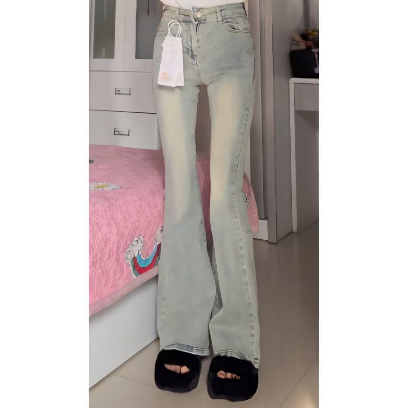 Retro Distressed Yellow Mud Dyed Flared Jeans - Elastic Slimming Small Size for Women, Perfect for Spring & Autumn.