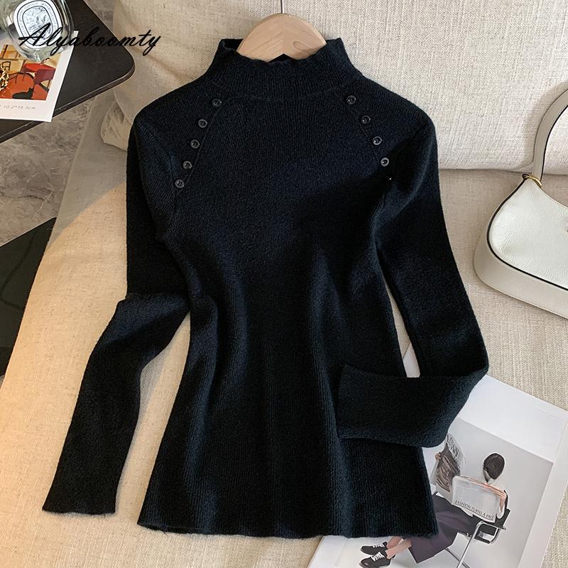 Autumn Winter Women Basic Simple Sweater Half High Collar White Black Brown Knitting Pullover Long Sleeve Ladies' Knitted Top