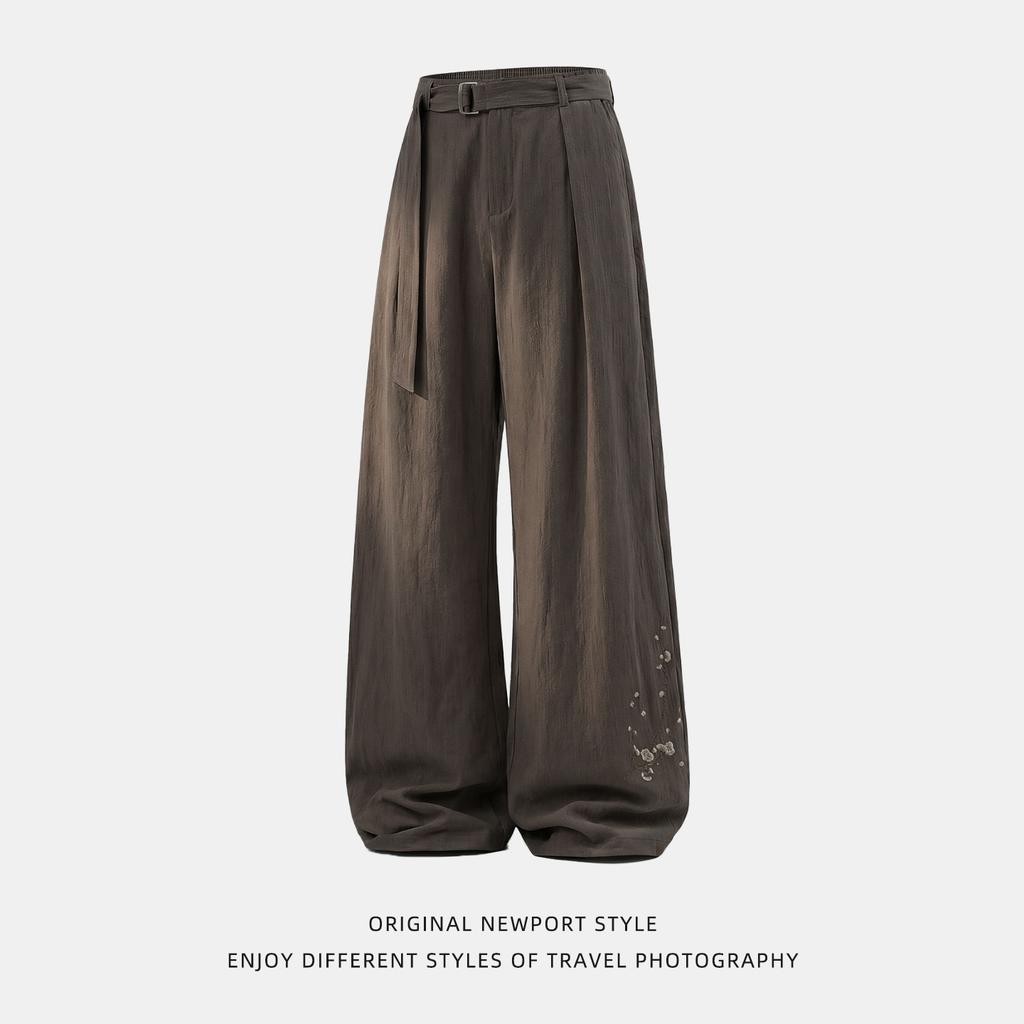 Mens Pleated Loose Textured Vintage Casual Straight Long Pants