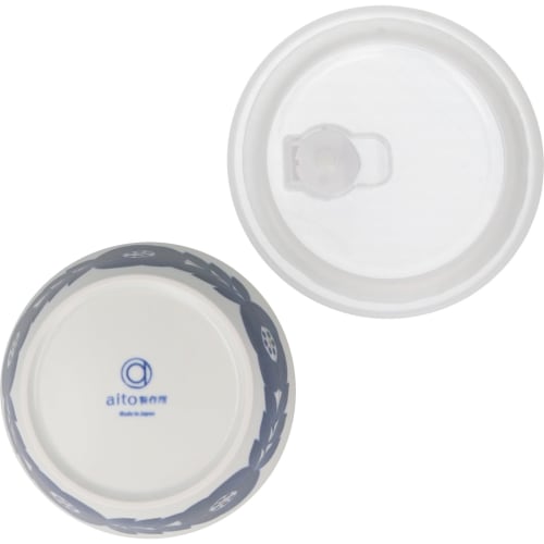 Aito Seisakusho "Blossom" 3-Piece Storage Container Set with Lid, Small Bowl, and Blue Flower Design. Navy, Blue/Green/Gray. Mino Ware. Dishwasher and